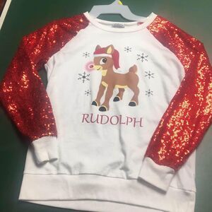 Rudolph Long Sleeve Top with Red Sparkly Sleeves - Juniors Small